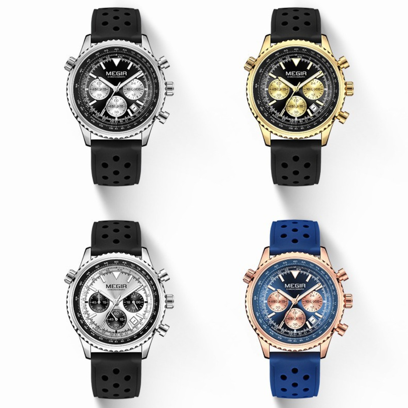 Chronograph Sport Watch - ساعة كوارتز فضية سوداء من MEGIR